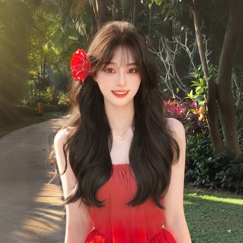 Duoxiu Summer New Wig for Women with Long Curly Hair, Simulated Human Hair, Slightly Curly, Naturally Fluffy, Big Wave Full Headgear