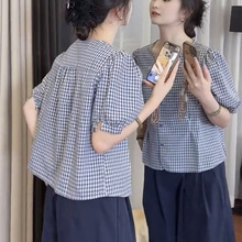 设计感小众格纹短袖圆领衬衫女2026夏季新款宽松洋气显瘦百搭上衣