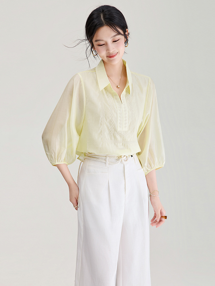 Áo sơ mi nữ tay lỡ thêu hoa tay chất liệu tencel cao cấp — màu trắng