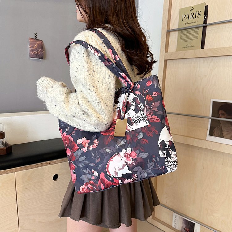 Cross-Border European and American Trendy Skull Flower Print Large Bag Shoulder Bag Handbag Fashion Casual Women's Bag