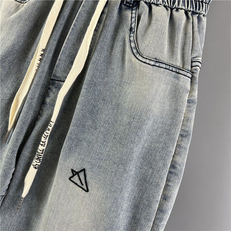 Men's Jeans Embroidery Trendy Pockets Personalized Elastic Waist Versatile Harlan Casual Pants_voghion.com