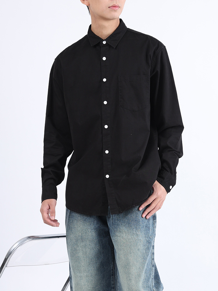 Hombres de otoño algodón camisa de manga larga abrigo relajado casual versátil de color sólido herramienta de bolsillo camisa de solapa de moda masculina