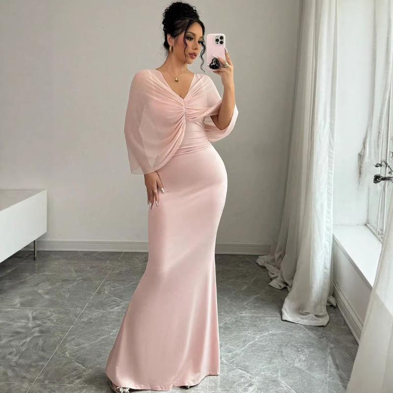 New Cross-Border Foreign Trade Style Gentle Pink Misty Texture Pleated V-Neck Cape Sleeve Mermaid Elegant Evening Dress