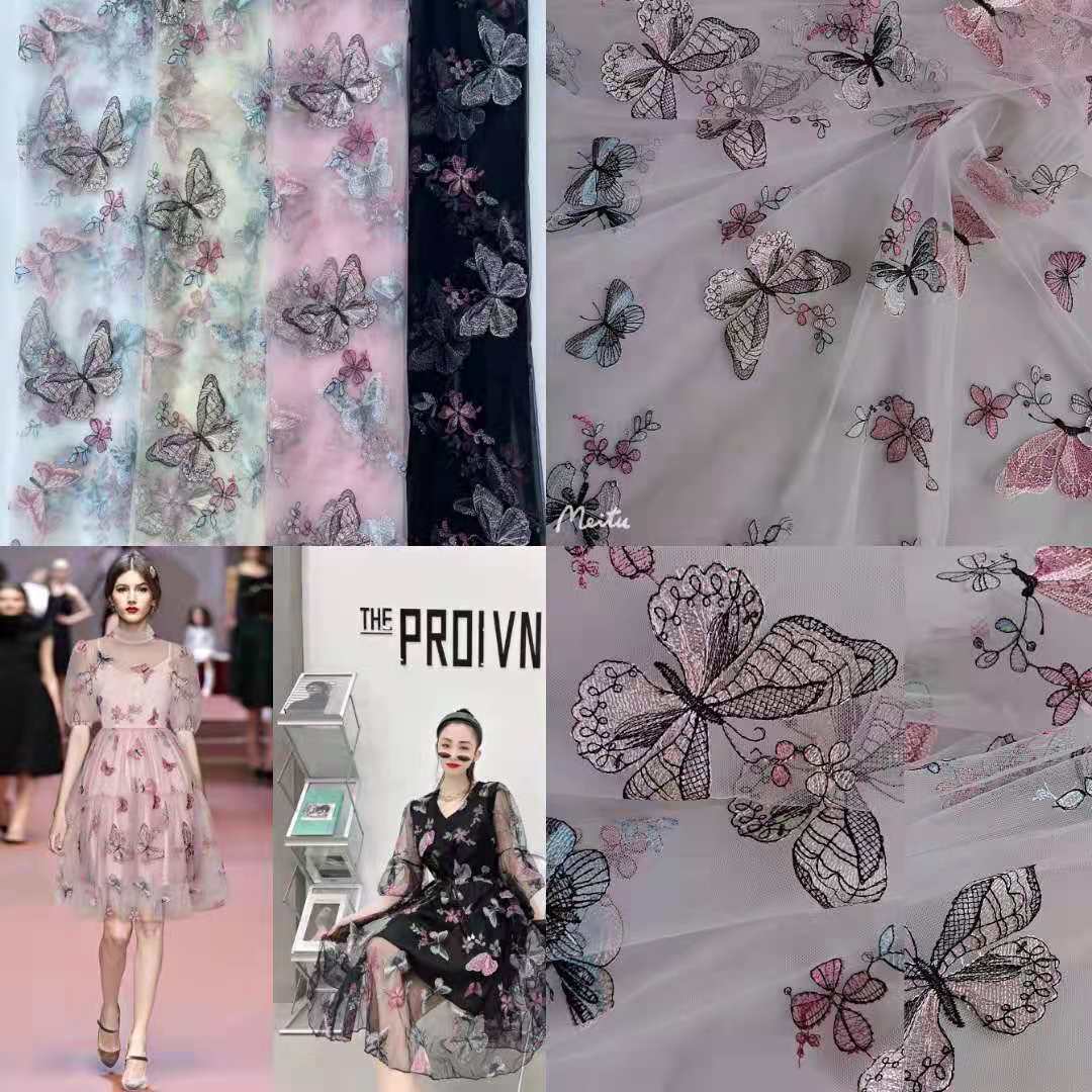 现货供应~好品质涤6420网纱多款大小蝴蝶平绣 小清新仙美网纱面料