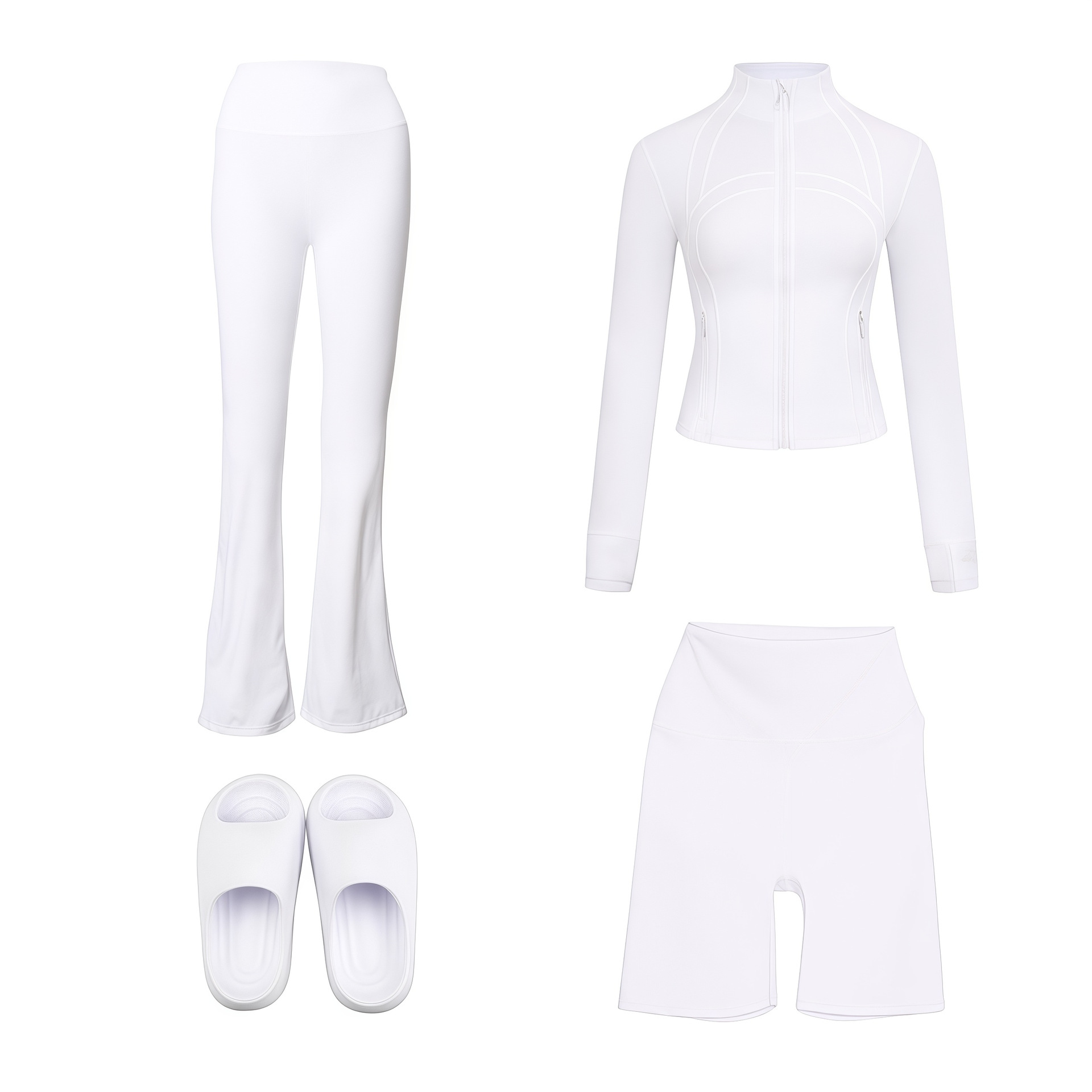 Women's 4-Piece Activewear Set – Cropped Jacket, Flared Pants, Bermuda Shorts & Slides (S-3xl, 26 Colors)_voghion.com