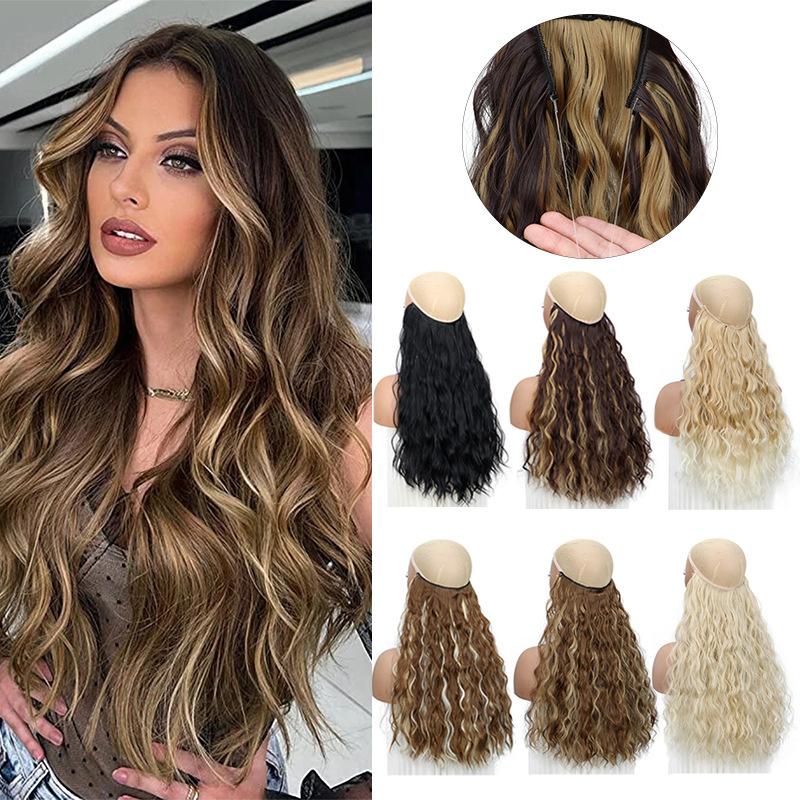 Cross-border European and American wig one-piece multi-volume U-shaped hair extension female fishing line wig invisible long curly hair in stock