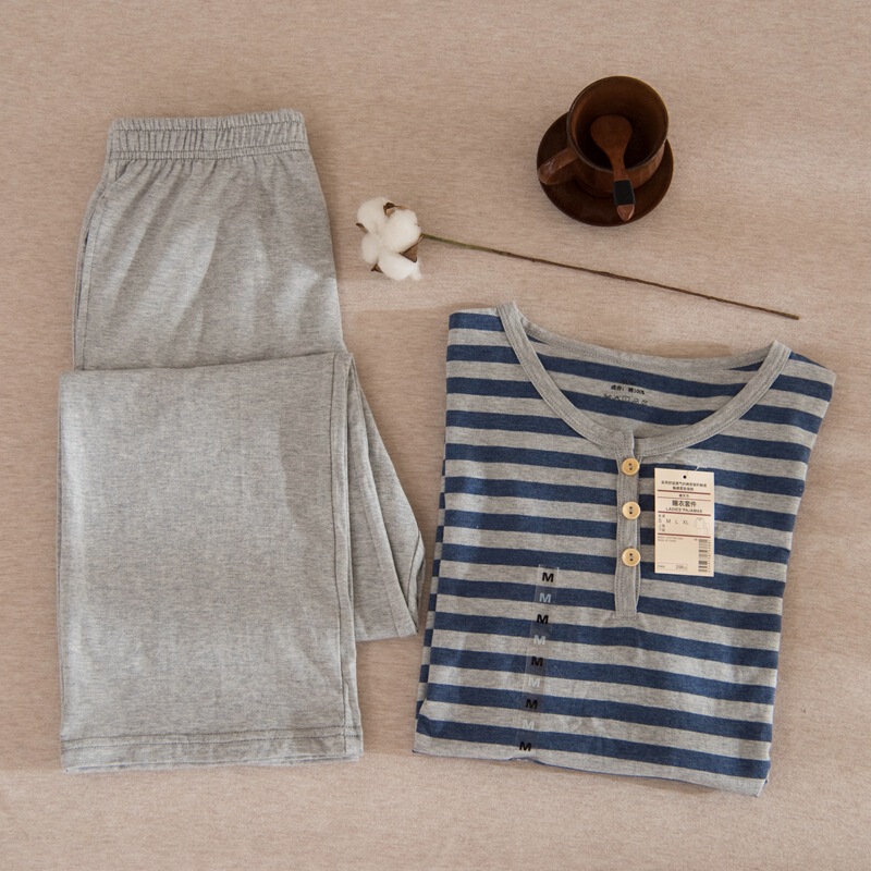 Japanese-style Non-sewn Pajamas Women's Pure Cotton Striped Knitted Cotton Home Clothes Men's Tianzhu Cotton Outer Wear Pajamas