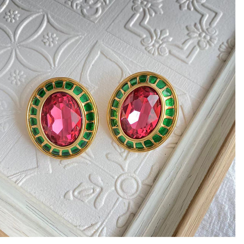 Retro Oval Copper Enamel Plating Inlay Zircon Ear Clips Ear Studs 1 Pair display picture 3