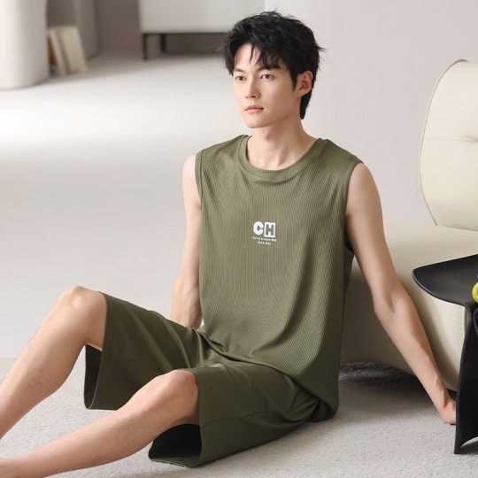 Ice Silk Thread Men's Pajamas Summer Thin Round Neck Vest Shorts Youth Casual Loose Explosive Home Clothes