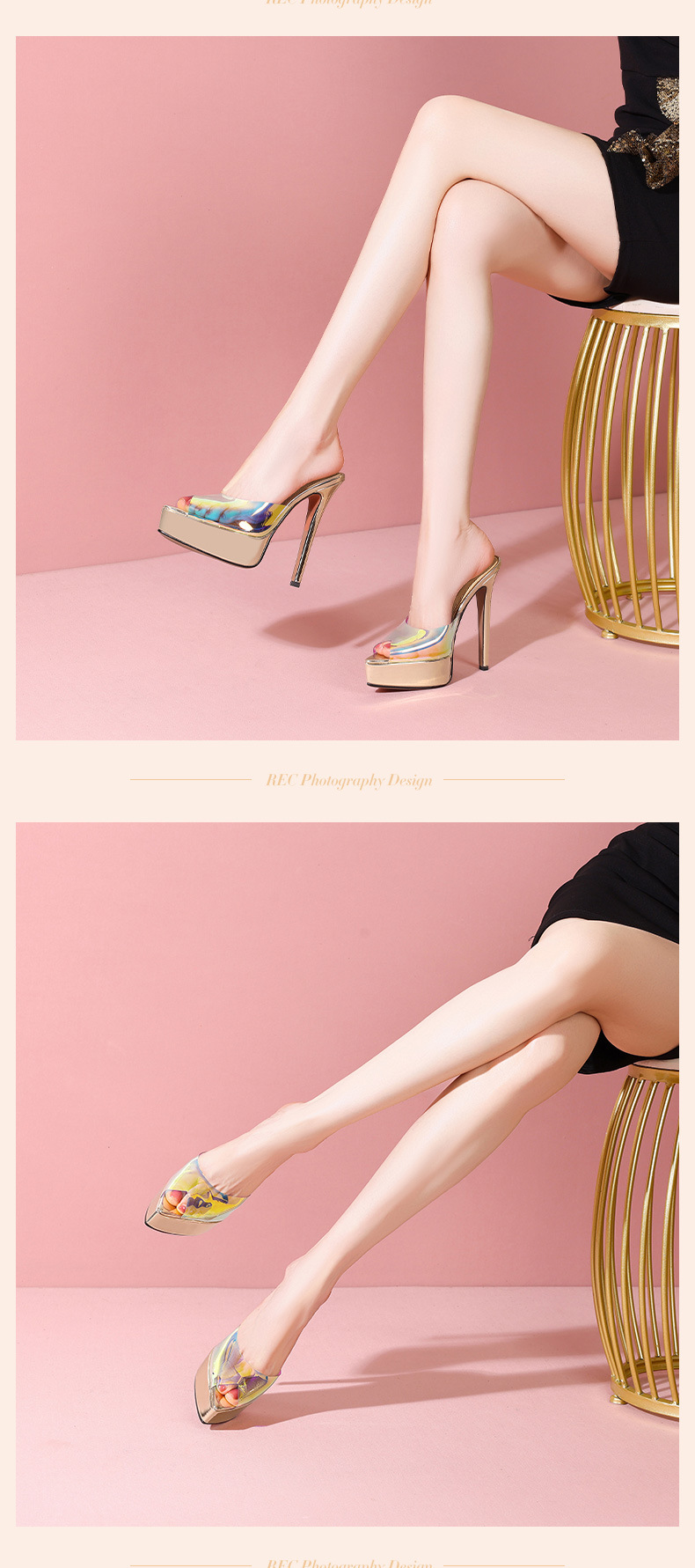 Sandal cao gót nữ mũi nhọn hở ngón, gót 14 cm, đế platform trong suốt — Vàng 14cm chi tiết 6