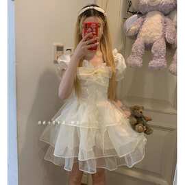 甜美公主风蝴蝶结连衣裙女夏季2026新款设计感蕾丝拼接蓬蓬短裙子