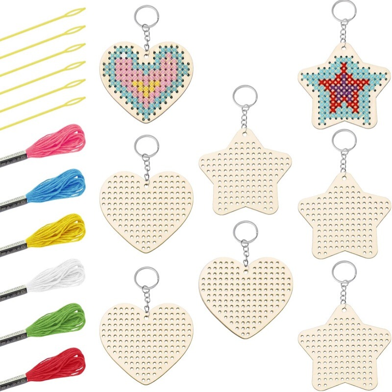 Wooden Heart Star Cross Stitch Keychain Set Wooden Children's Embroidery Handmade DIY Sewing Carving Kit