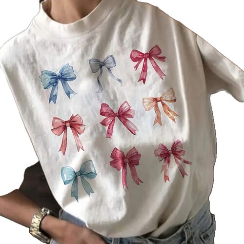 Women's Summer Spring Clothing, Short-Sleeve Round Neck Casual Top, Bowknot Print T-Shirt