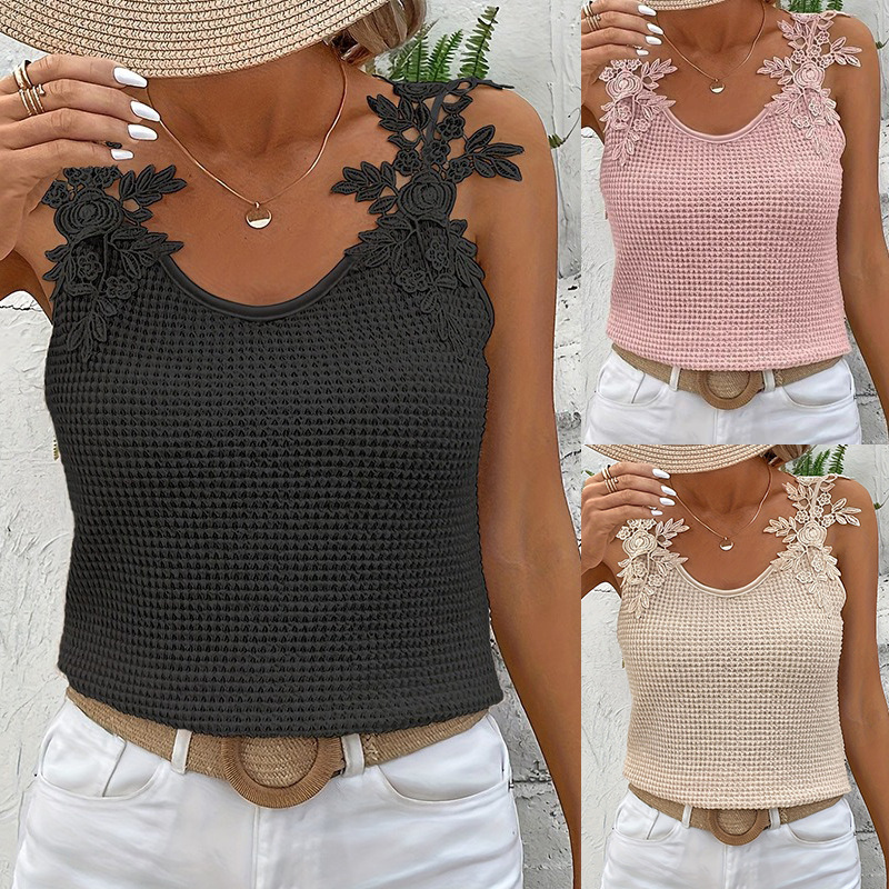 Cross-Border Exclusive Supply of Waffle-Patterned Slim-Fit Lace Strap Tank Tops, European and American Hot Girl Style Short Sleeveless Tops, Camisoles Cross-Border Exclusive Supply of Waffle-Patterned Slim-Fit Lace Strap Tank Tops, European and American Hot Girl Style Short Sleeveless Tops, Camisoles
