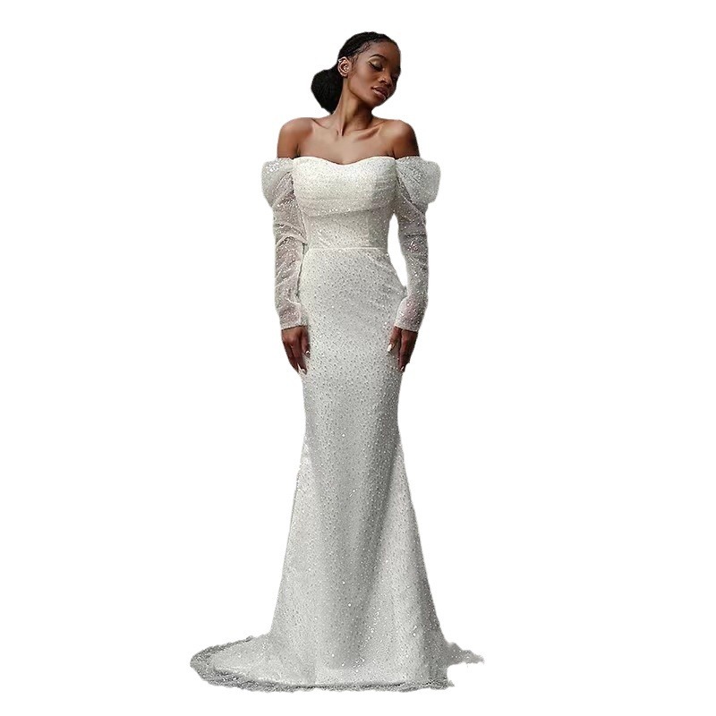 Nuevo comercio exterior vestido de boda sirena africana temperamento delgado elegante cola de pez larga correa bordada de perlas cola