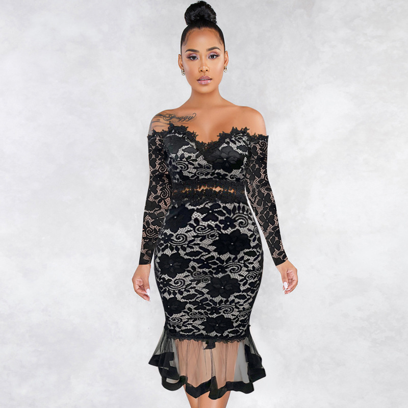 Independent Station Foreign Trade Women's Fashion Solid Color Slim-fit Sexy One-line Collar Long Sleeve Lace Fishtail Dress Dress Independent Station Foreign Trade Women's Fashion Solid Color Slim-fit Sexy One-line Collar Long Sleeve Lace Fishtail Dress Dress