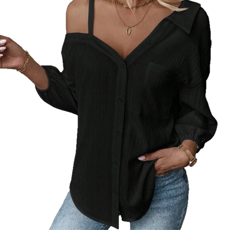 in stock Independent Station Cross-border Lar Seven-sleeve Open-shoulder Cardigan Texture Single-breasted Casual Shirt
