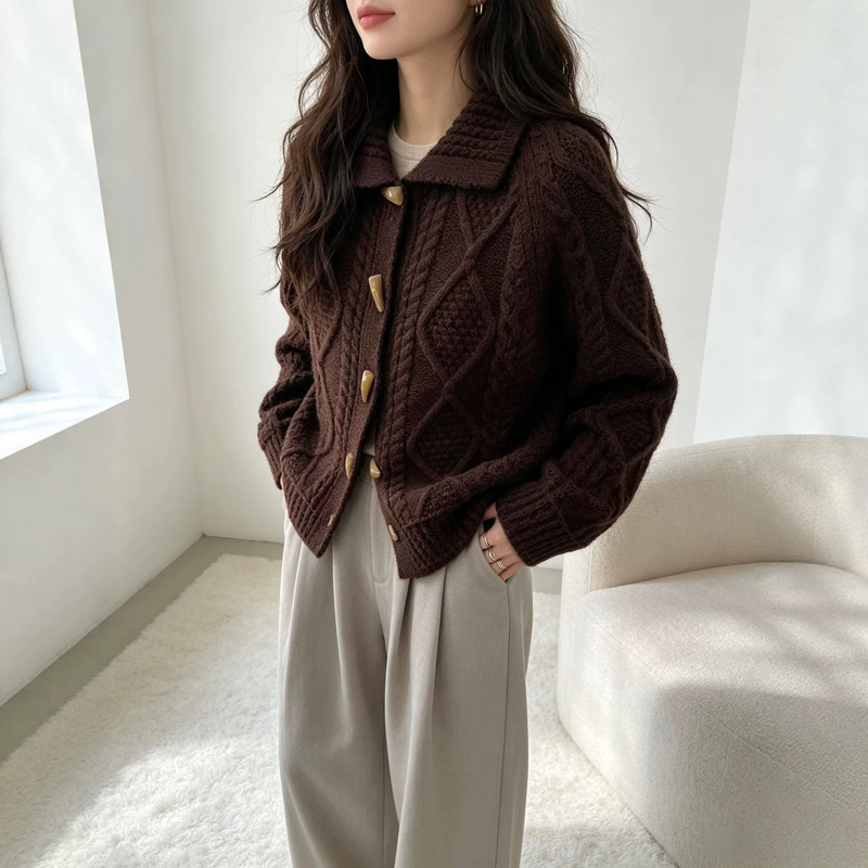 New autumn and winter vintage thick-knit cardigan with horn buttons and a turn-down collar, in a casual style with loose cable knit New autumn and winter vintage thick-knit cardigan with horn buttons and a turn-down collar, in a casual style with loose cable knit
