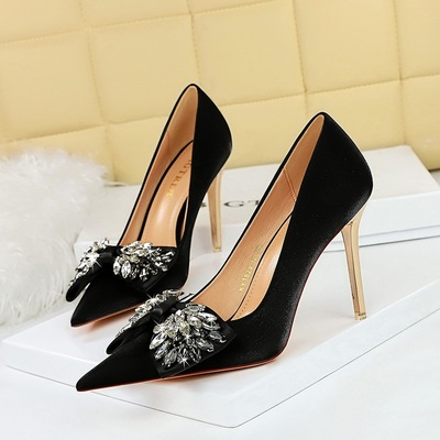 1829-H3 European and American style banquet light luxury high heels, satin shallow cut pointed rhinestone bow high heels