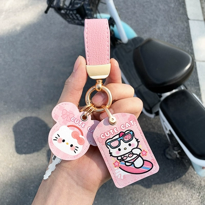 Butter Bear Electric Car Key, Electric vehicle key cover shell - pink-pink-cat-leather-double-card-holder-keychain