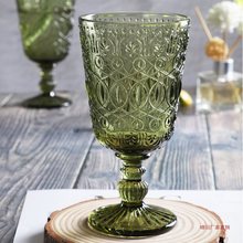 复古浮雕玻璃红酒杯欧式高脚玻璃杯彩色果酒杯生日果汁玻璃杯家用