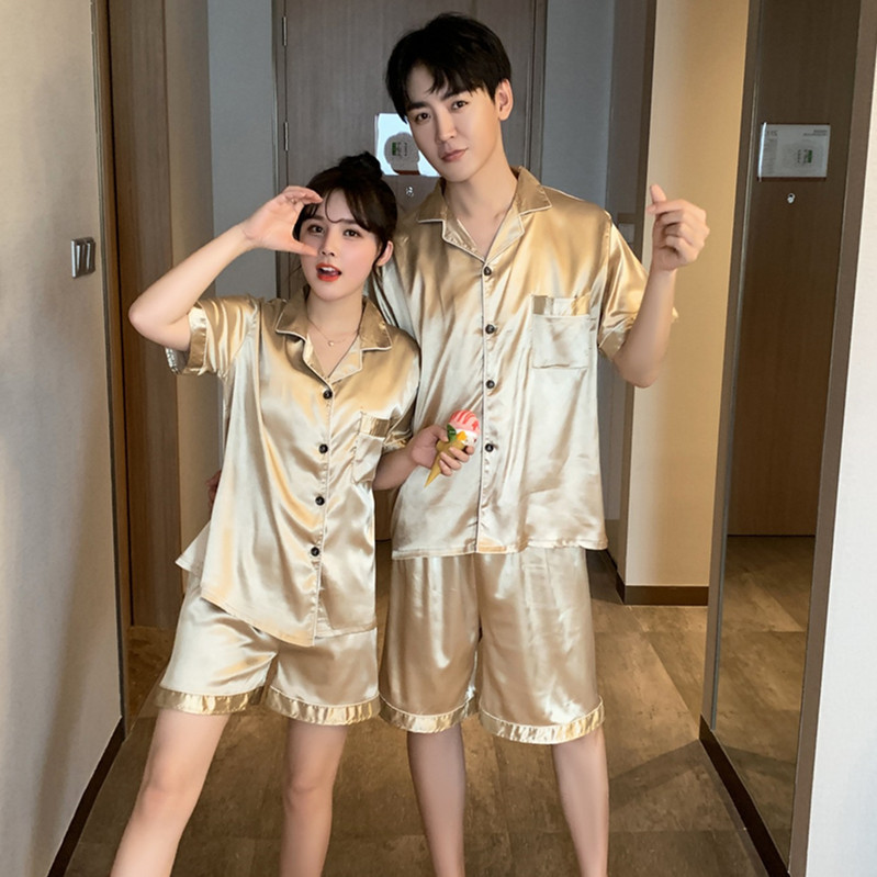 Fábrica directa pareja pijamas de las mujeres de manga corta de color sólido simple cardigan de seda artificial traje fino desgaste del hogar de los hombres de seda de hielo