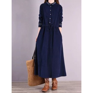 Cross-Border Real Shot 2025 Autum Literary Loose Large Size Women's Embroidered Lace-Up Waist Mid-Length Corduroy Dress