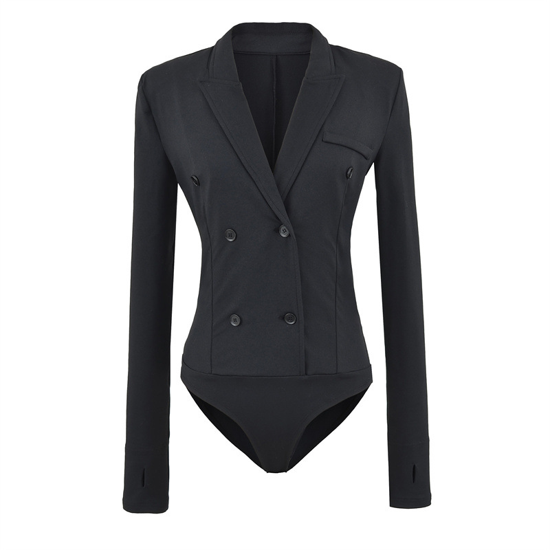 European and American Style Sexy Suit Collar Double-Breasted Jumpsuit Autum New Elastic Slim Fit High-End Black Jacket for Women