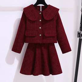 女童翻领外套小香风套装冬季新款网红洋气儿童百褶裙新年装两件套