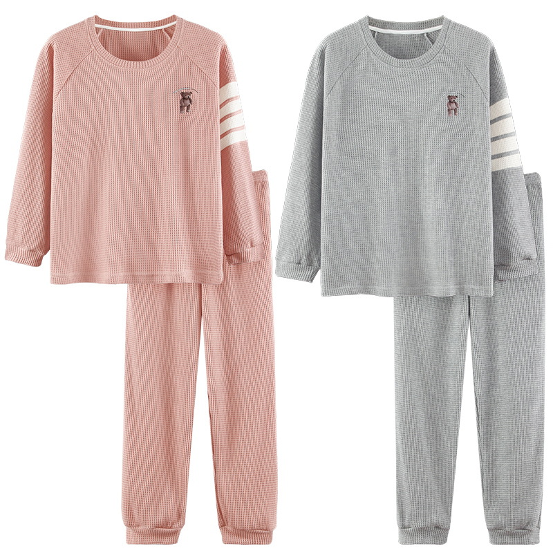 Pareja Pijamas Mujer primavera y otoño waffle manga larga coreano dulce casual hombres y mujeres más tamaño homewear traje