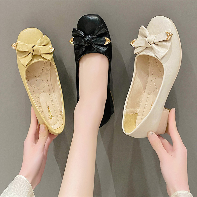Single shoes women's 2023 Spring and Autumn New British style shallow bow thick heel fashion comfortable heel women's shoes wholesale