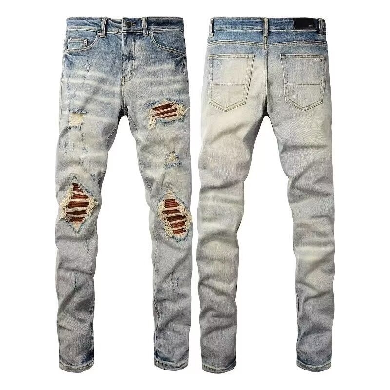 Cross-Border New High-End Trendy Brand Ripped Jeans Men's High Street Fashion Slim Straight Leg Pants