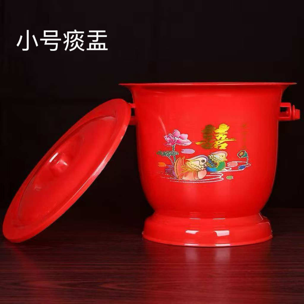 老式痰盂红色子孙桶结婚嫁妆手提带盖新娘陪嫁搪瓷老人夜壶尿桶