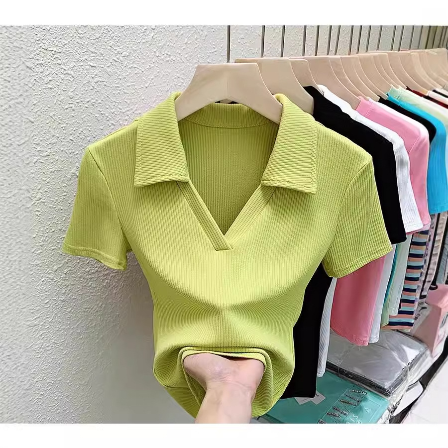 2024 Women's Thread Cotton V-neck Base Shirt Short-sleeve Solid Color Inner Tight Top Spring and Autumn All-match T-shirt Short
