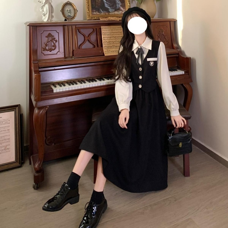 法式学院风黑色连衣裙女新款春秋季教资面试艺考成人礼假两件裙子|undefined