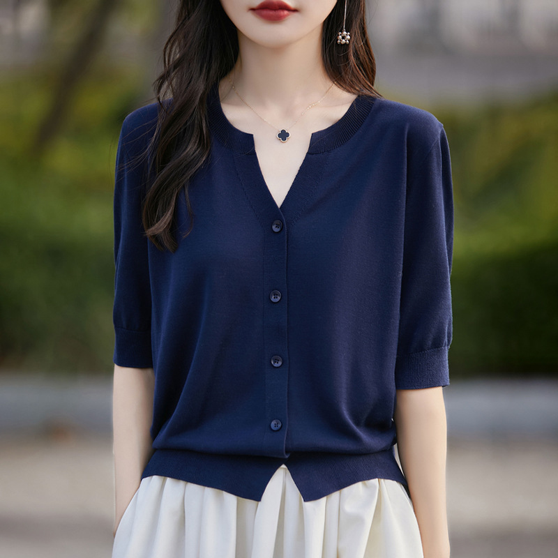 100 Tencel Knitted Short-sleeved T-shirt Women's Summer Cardigan Thin V-neck French Top with Skirt Half-sleeved Sunscreen Shirt