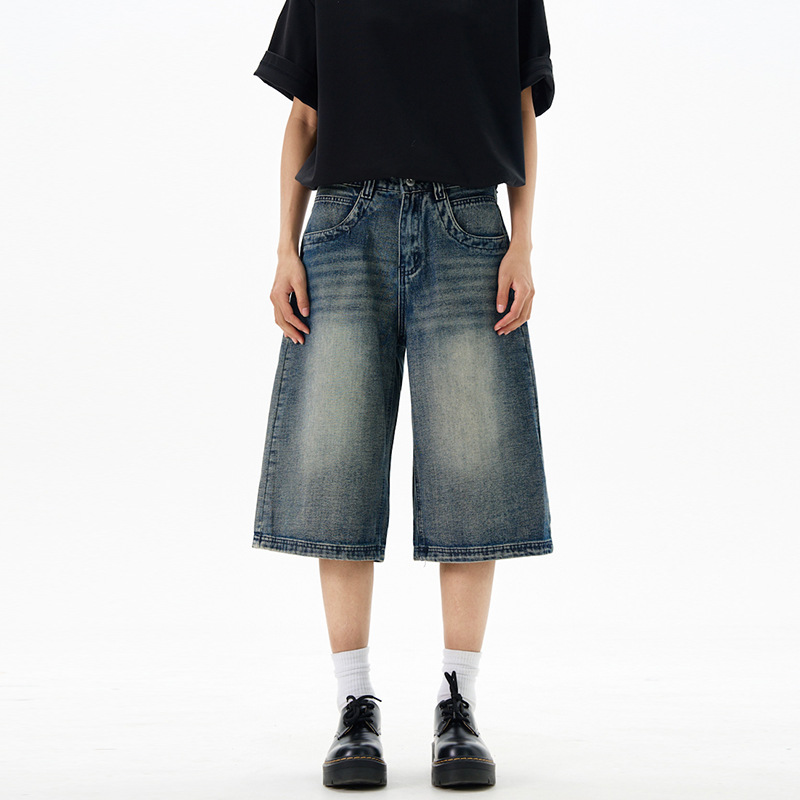 Summer Thin American-Style Washed Loose Multi-Pocket Denim Cropped Pants for College Students, Men's Straight Street Wide-Leg Shorts