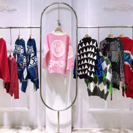 亚马逊复古波点长袖针织毛衣2024女宽松秋冬欧美跨境女装品牌尾货