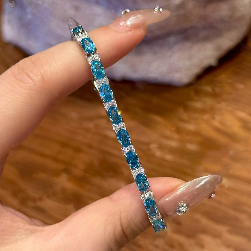 洛熙寺珠宝 新款S925纯银高碳钻轻奢时尚4*6海蓝钻满钻高级感手链|undefined