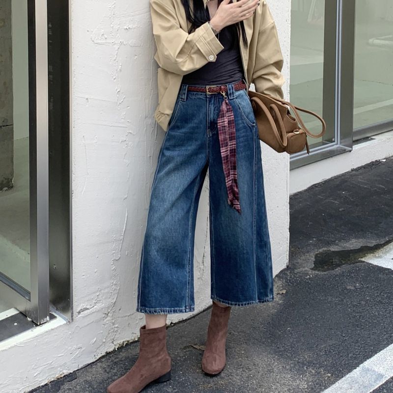 Cross-Border Vintage Cropped Jeans for Women, Fashionable European and American New Style, Loose A-Line Wide-Leg Pants for Petite Women, 7/8 Length Pants with Belt Included