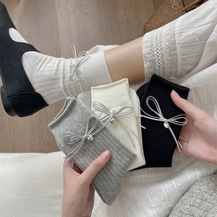 Socks Women's Double-Layer Bow Love Accessories Women's Socks Ins Trendy Ballet Style Mid-Socks Black and White Grey Stacks Cotton