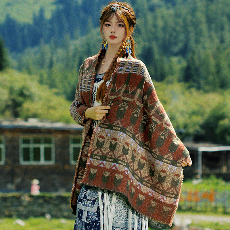 European and American national style shawl female Xinjiang Tibet travel photo wearing outside to take Sichuan cape dual-purpose scarf female winter