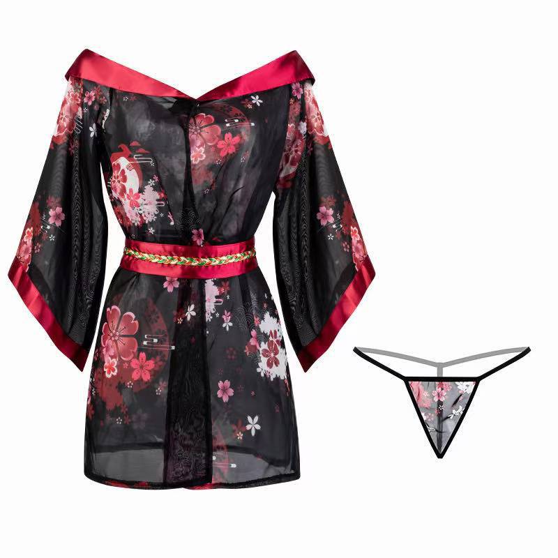 Phantom Print Kimono Lingerie Set with See-Through Robe and Black Thigh-High Stockings — detail image 5