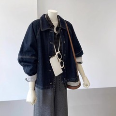 自留爆金推奨 ~ レトロな紺色の水洗いカウボーイコート女子春秋2025新シャツ上着