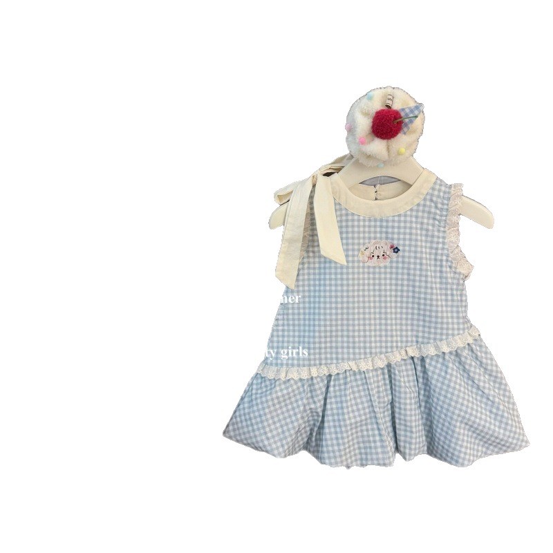 Vestido de siete niñas de limón salado verano versión coreana de dulce lazo azul a cuadros bebé lindo chaleco de capullo de flor falda de moda