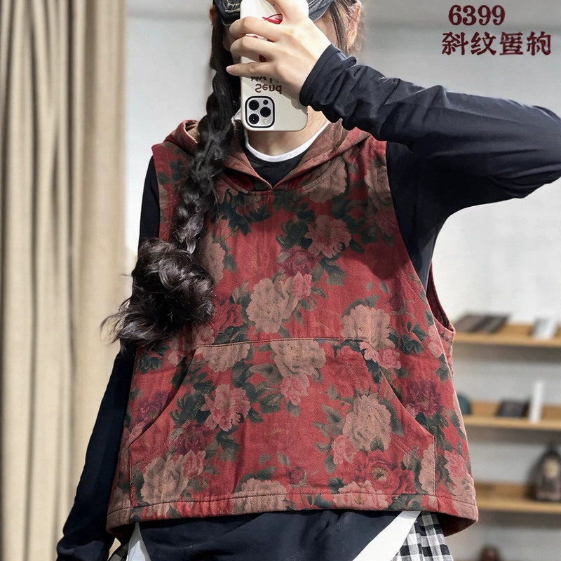 Autumn new style twill cotton-linen hooded sleeveless pullover vest, loose retro artistic casual women's vest