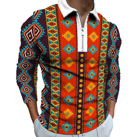 Men's Polo Shirt Digital Printing Men's T-shirt Men's Autumn and Winter New Ethnic Style T-shirt Top Men's Turnaround Shirt