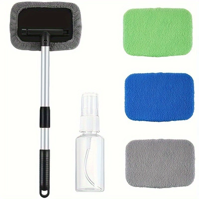 Wash Glass Window Scraper Telescopic | Car cleaning tools - 1-square-plate-telescopic-pole-2-gray-cloth-covers-1-blue-cloth-cover-1-spray-bottle-1-green-cloth-cover