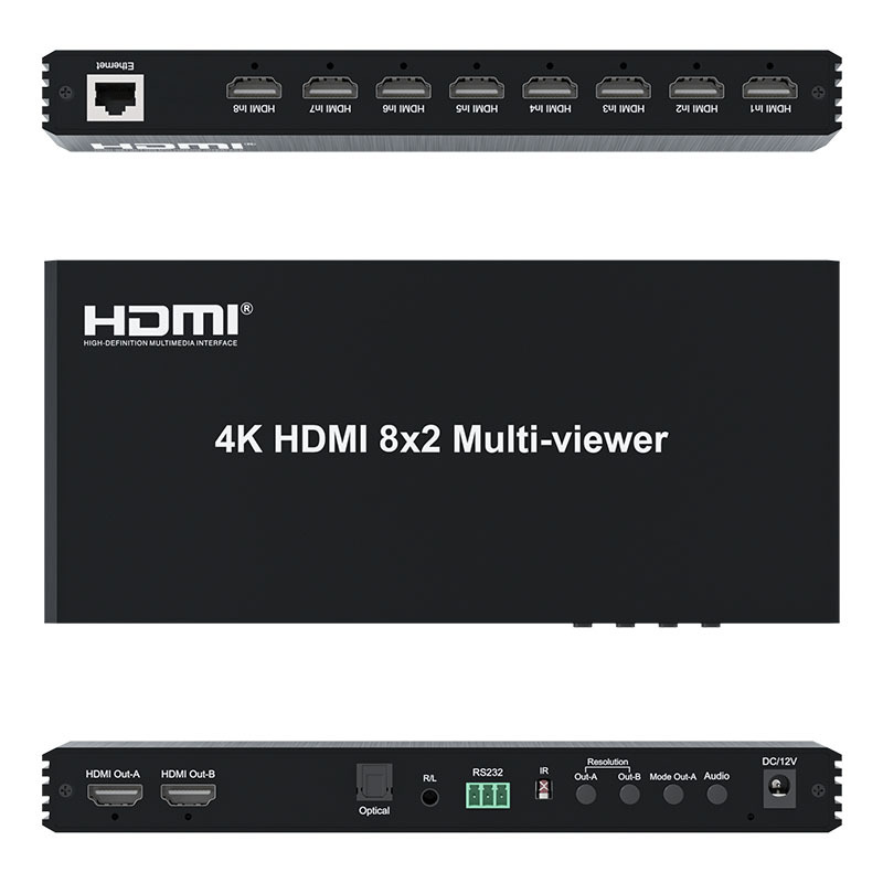 Fabricante HDMI matriz 4K8 dentro y fuera de 2 interruptores sin costura divisor de ocho pantallas con separación de audio de auriculares de fibra óptica