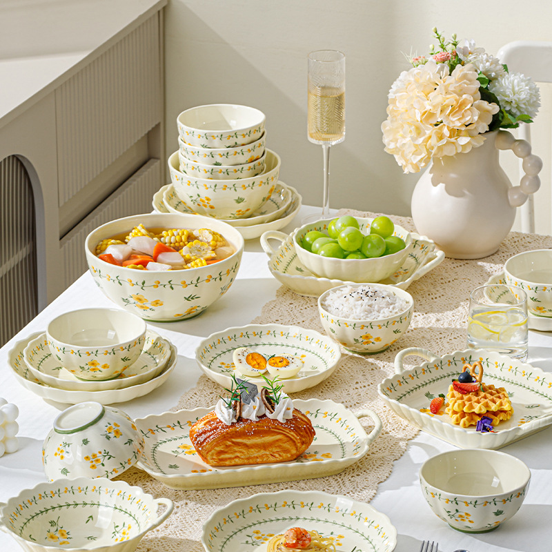 Juego de platos de colores vidriados de estilo pastoral japonés, cuencos de cerámica para el hogar, platos de verduras, platos de sopa, platos de pescado, platos de arroz, vajilla de cerámica